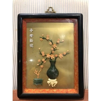 Tableau asiatique, décor imitation jade. 26*21 cm